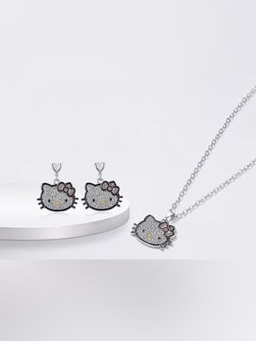 Hello Kitty Silver-Tone Crystal Pendant & Drop Earrings with Pink Bow